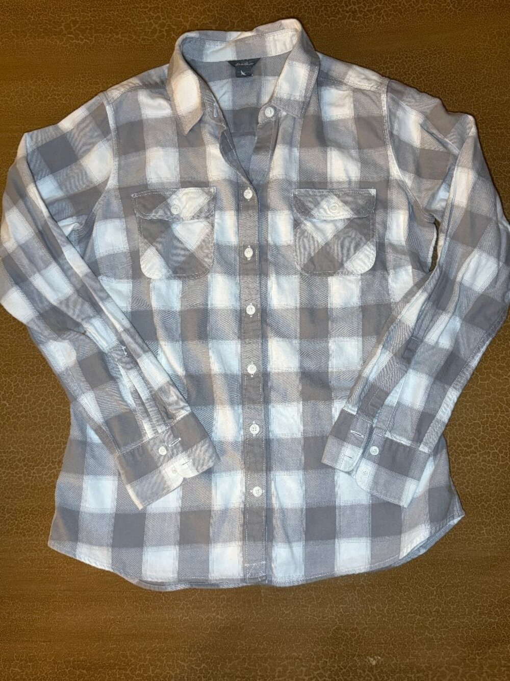 Eddie Bauer Gray & White Checkered Flannel Shirt - Size Small
